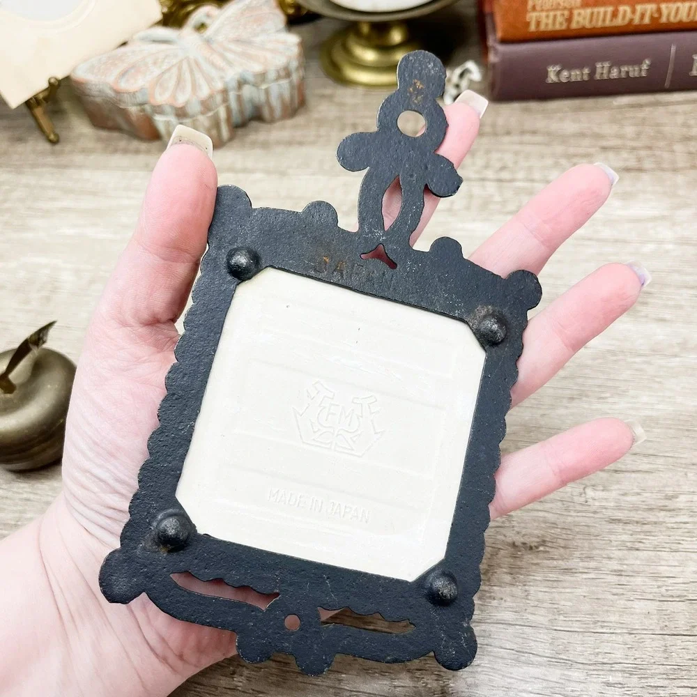 Vintage Cast Iron Ceramic Tile Trivet Japan Folk Art Scandinavian Kitchen Decor